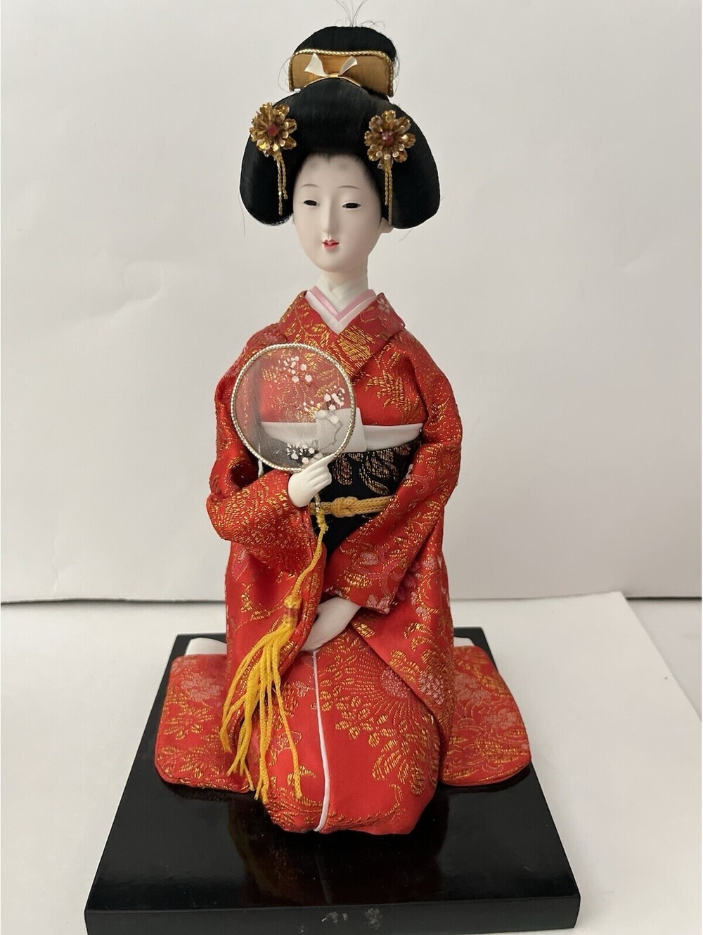 Vintage Japanese Geisha Doll Figurine In Kimono On A Plastic Base 10”